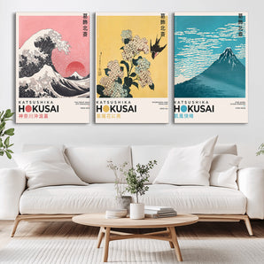 Katsushika-MGV-CV-36X24-Katsushika Hokusai Wall Art Set – The Great Wave, Hydrangea and Swallow, Fine Wind Canvas Prints, Japanese Ukiyo e Style Home and