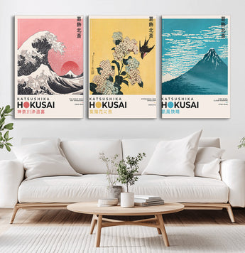 Katsushika-MGV-CV-36X24-Katsushika Hokusai Wall Art Set – The Great Wave, Hydrangea and Swallow, Fine Wind Canvas Prints, Japanese Ukiyo e Style Home and