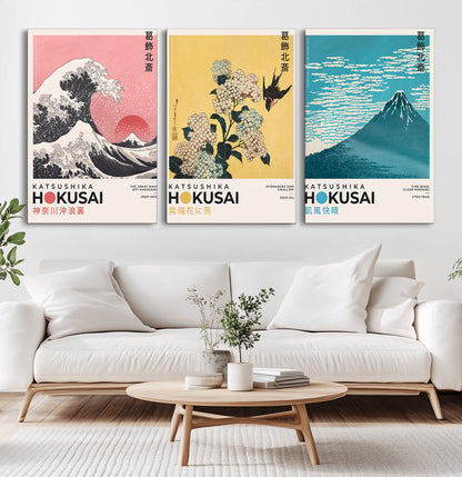 Katsushika-MGV-CV-36X24-Katsushika Hokusai Wall Art Set – The Great Wave, Hydrangea and Swallow, Fine Wind Canvas Prints, Japanese Ukiyo e Style Home and