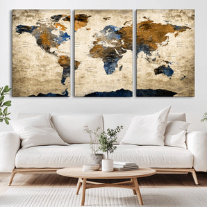 51140-MGV-CV-36X24-Vintage World Map Wall Art – Rustic Blue and Brown Canvas Print, Large Travel Map Decor for Office, Study, Classroom or Living