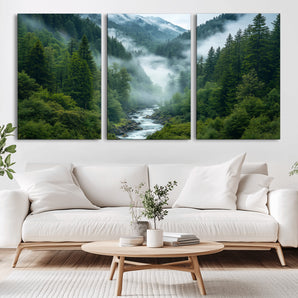 69453-MGV-CV-36X24-Mountain Forest Wall Art – Misty River and Evergreen Landscape Canvas Print, Nature Photography Poster for Living Room, Bedroom,