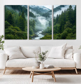 69453-MGV-CV-36X24-Mountain Forest Wall Art – Misty River and Evergreen Landscape Canvas Print, Nature Photography Poster for Living Room, Bedroom,