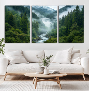 69453-MGV-CV-36X24-Mountain Forest Wall Art – Misty River and Evergreen Landscape Canvas Print, Nature Photography Poster for Living Room, Bedroom,