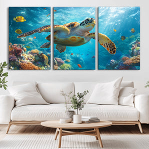 37623-MGV-CV-36X24-Sea Turtle Wall Art – Underwater Ocean Canvas Print with Coral Reef and Tropical Fish, Marine Life Painting Poster for Living
