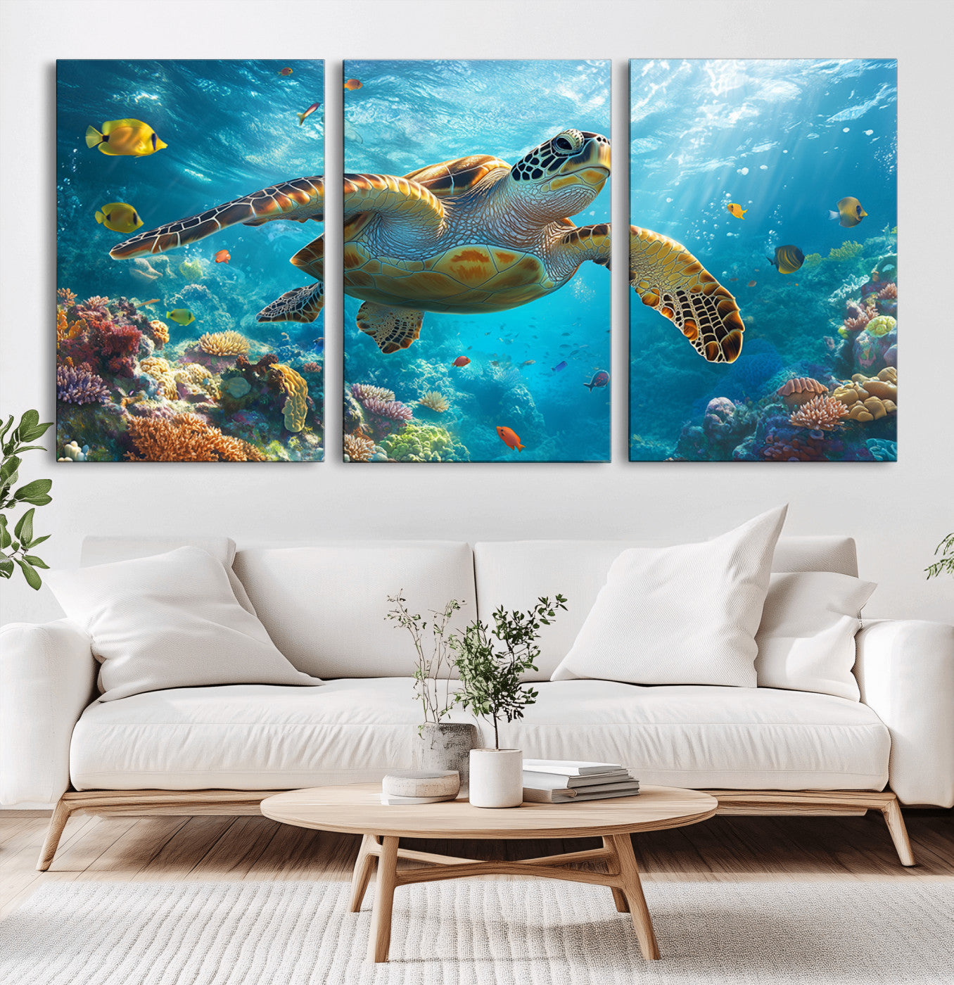 37623-MGV-CV-36X24-Sea Turtle Wall Art – Underwater Ocean Canvas Print with Coral Reef and Tropical Fish, Marine Life Painting Poster for Living