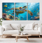 37623-MGV-CV-36X24-Sea Turtle Wall Art – Underwater Ocean Canvas Print with Coral Reef and Tropical Fish, Marine Life Painting Poster for Living