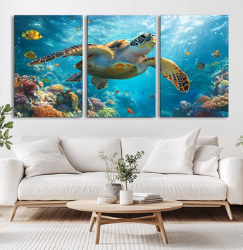 37623-MGV-CV-36X24-Sea Turtle Wall Art – Underwater Ocean Canvas Print with Coral Reef and Tropical Fish, Marine Life Painting Poster for Living