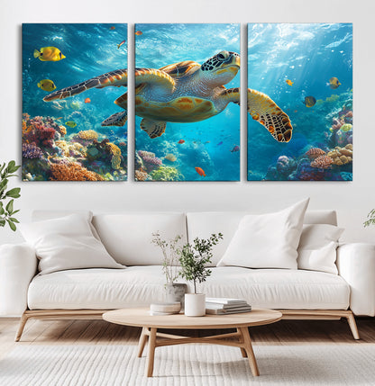 37623-MGV-CV-36X24-Sea Turtle Wall Art – Underwater Ocean Canvas Print with Coral Reef and Tropical Fish, Marine Life Painting Poster for Living