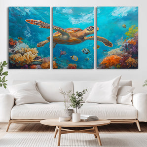 94986-MGV-CV-36X24-Sea Turtle Wall Art – Colorful Ocean Reef Canvas Print, Underwater Marine Life Painting Poster with Coral and Tropical Fish for