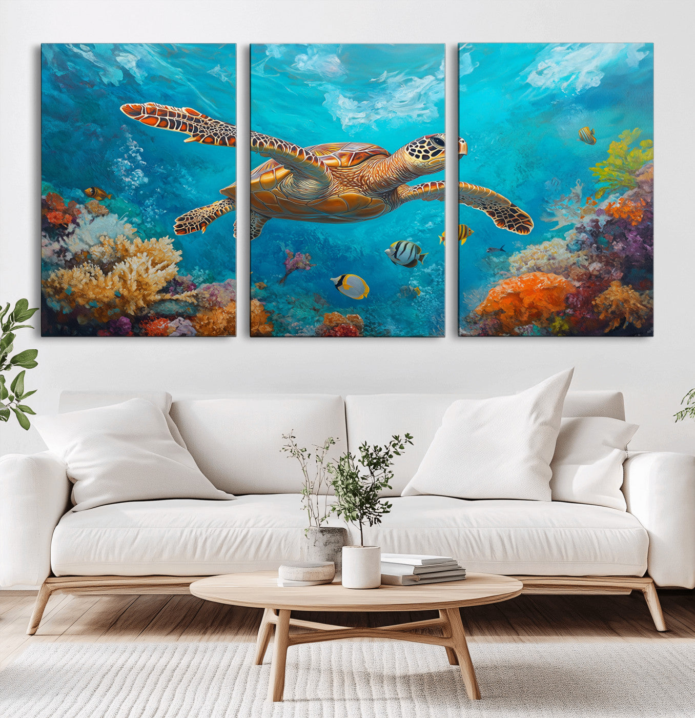 94986-MGV-CV-36X24-Sea Turtle Wall Art – Colorful Ocean Reef Canvas Print, Underwater Marine Life Painting Poster with Coral and Tropical Fish for