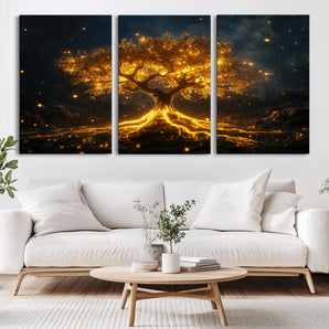 60194-MGV-CV-36X24-Glowing Tree Wall Art – Golden Roots Fantasy Canvas Print, Mystical Illuminated Tree Painting Poster for Living Room, Bedroom,