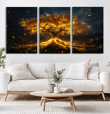 60194-MGV-CV-36X24-Glowing Tree Wall Art – Golden Roots Fantasy Canvas Print, Mystical Illuminated Tree Painting Poster for Living Room, Bedroom,