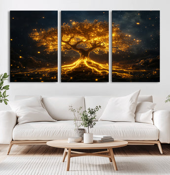 60194-MGV-CV-36X24-Glowing Tree Wall Art – Golden Roots Fantasy Canvas Print, Mystical Illuminated Tree Painting Poster for Living Room, Bedroom,