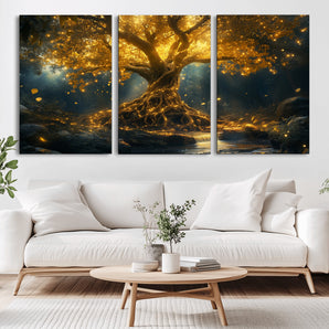 92739-MGV-CV-36X24-Glowing Tree Wall Art – Enchanted Golden Forest Canvas Print, Mystical Illuminated Nature Painting Poster for Living Room,