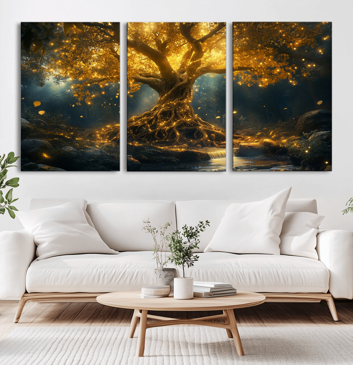 92739-MGV-CV-36X24-Glowing Tree Wall Art – Enchanted Golden Forest Canvas Print, Mystical Illuminated Nature Painting Poster for Living Room,