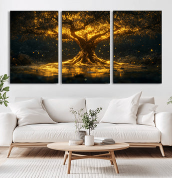 59580-MGV-CV-36X24-Glowing Tree Wall Art – Golden Fantasy Nature Canvas Print, Mystical Illuminated Tree Painting Poster for Living Room, Bedroom,