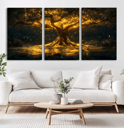 59580-MGV-CV-36X24-Glowing Tree Wall Art – Golden Fantasy Nature Canvas Print, Mystical Illuminated Tree Painting Poster for Living Room, Bedroom,