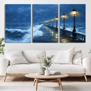 32668-MGV-CV-36X24-Stormy Pier Wall Art – Ocean Waves and Street Lamps Canvas Print, Rainy Night Seascape Oil Painting Poster for Living Room,