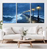 32668-MGV-CV-36X24-Stormy Pier Wall Art – Ocean Waves and Street Lamps Canvas Print, Rainy Night Seascape Oil Painting Poster for Living Room,
