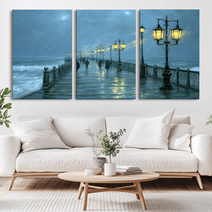 79606-MGV-CV-36X24-Rainy Pier Night Wall Art – Ocean Waves and Street Lamps Canvas Print, Moody Seascape Oil Painting Poster for Living Room,