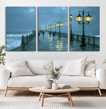 79606-MGV-CV-36X24-Rainy Pier Night Wall Art – Ocean Waves and Street Lamps Canvas Print, Moody Seascape Oil Painting Poster for Living Room,