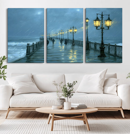 79606-MGV-CV-36X24-Rainy Pier Night Wall Art – Ocean Waves and Street Lamps Canvas Print, Moody Seascape Oil Painting Poster for Living Room,