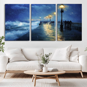 94571-MGV-CV-36X24-Seaside Night Wall Art – Ocean Waves and Street Lamps Canvas Print, Rainy City Pier Oil Painting Poster for Living Room, Bedroom,