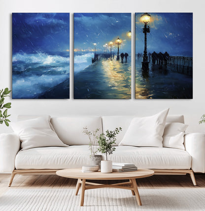 94571-MGV-CV-36X24-Seaside Night Wall Art – Ocean Waves and Street Lamps Canvas Print, Rainy City Pier Oil Painting Poster for Living Room, Bedroom,