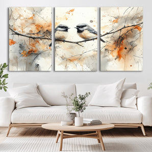 98244-MGV-CV-36X24-Bird Wall Art – Watercolor Songbirds on Branch Canvas Print, Nature Painting Poster with Autumn Leaves for Living Room, Bedroom,