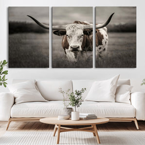 69238-MGV-CV-36X24-Longhorn Bull Wall Art – Rustic Black and White Texas Cattle Canvas Print, Western Farmhouse Animal Photography for Living Room,