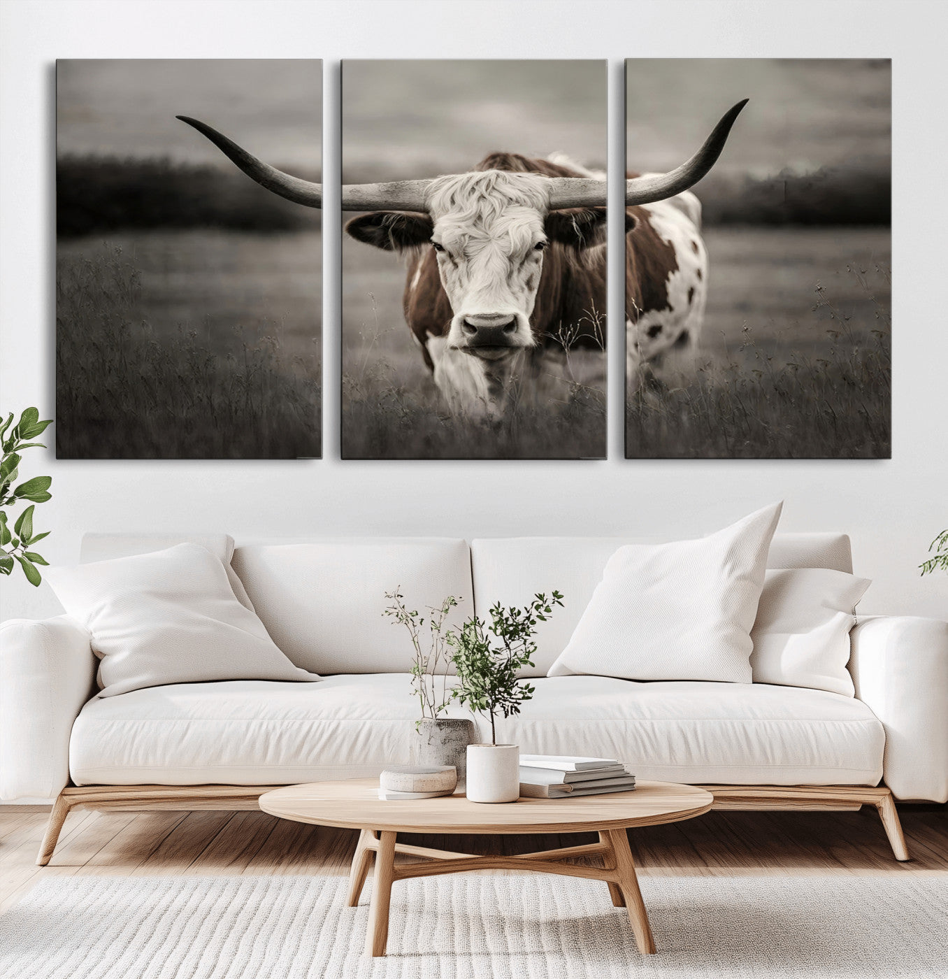 69238-MGV-CV-36X24-Longhorn Bull Wall Art – Rustic Black and White Texas Cattle Canvas Print, Western Farmhouse Animal Photography for Living Room,