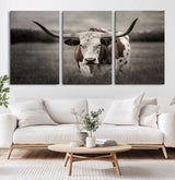69238-MGV-CV-36X24-Longhorn Bull Wall Art – Rustic Black and White Texas Cattle Canvas Print, Western Farmhouse Animal Photography for Living Room,