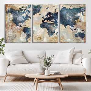 84561-MGV-CV-36X24-World Map Wall Art – Vintage Antique Style Canvas Print, Rustic Blue and Tan Map Painting Poster for Living Room, Bedroom, Office