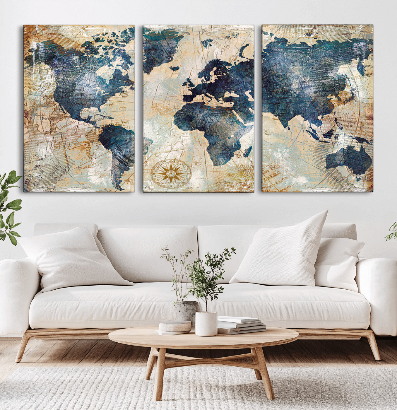 84561-MGV-CV-36X24-World Map Wall Art – Vintage Antique Style Canvas Print, Rustic Blue and Tan Map Painting Poster for Living Room, Bedroom, Office