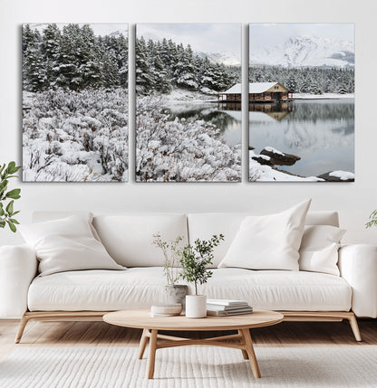 94285-MGV-CV-60X30-3P-Snowy Cabin Wall Art Canvas Print, Framed Winter Cabin Art Picture Print, Mountain Lake Perfect Snowy Nature Decor Artwork