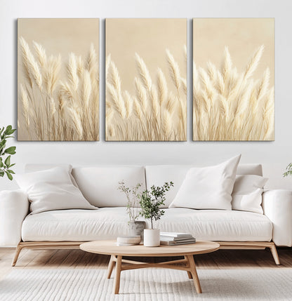 81444-MGV-CV-60X30-3P-Pampas Grass Wall Art Canvas Print, Framed Beige Pampas Grass Art Picture Print, Minimalist Beige Perfect Minimalist Nature Decor