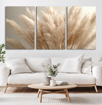 50300-MGV-CV-60X30-3P-Pampas Grass Wall Art Canvas Print, Framed Minimalist Pampas Grass Art Picture Print, Beige Pampas Grass Perfect Minimalist Boho