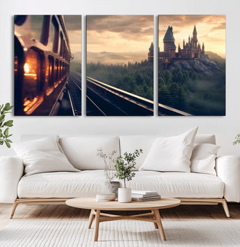 84029-MGV-CV-60X30-3P-Fantasy Castle Wall Art – Magical Train Sunset Forest Canvas Print, Enchanted Landscape Painting Poster for Living Room, Bedroom,
