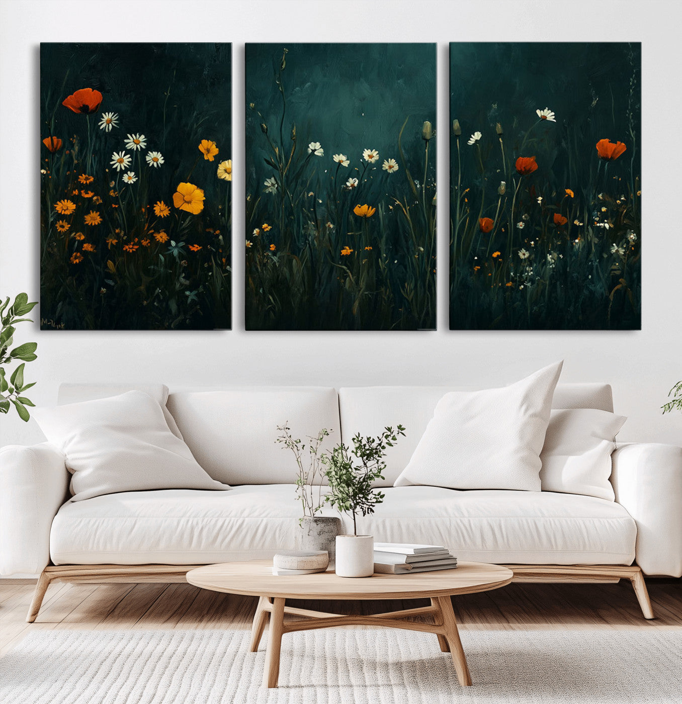 87037-MGV-CV-60X30-3P-Wildflower Wall Art – Dark Botanical Floral Canvas Print, Modern Nature Painting Poster with Daisies Poppies Orange Flowers for