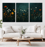 87037-MGV-CV-60X30-3P-Wildflower Wall Art – Dark Botanical Floral Canvas Print, Modern Nature Painting Poster with Daisies Poppies Orange Flowers for