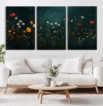 87037-MGV-CV-60X30-3P-Wildflower Wall Art – Dark Botanical Floral Canvas Print, Modern Nature Painting Poster with Daisies Poppies Orange Flowers for