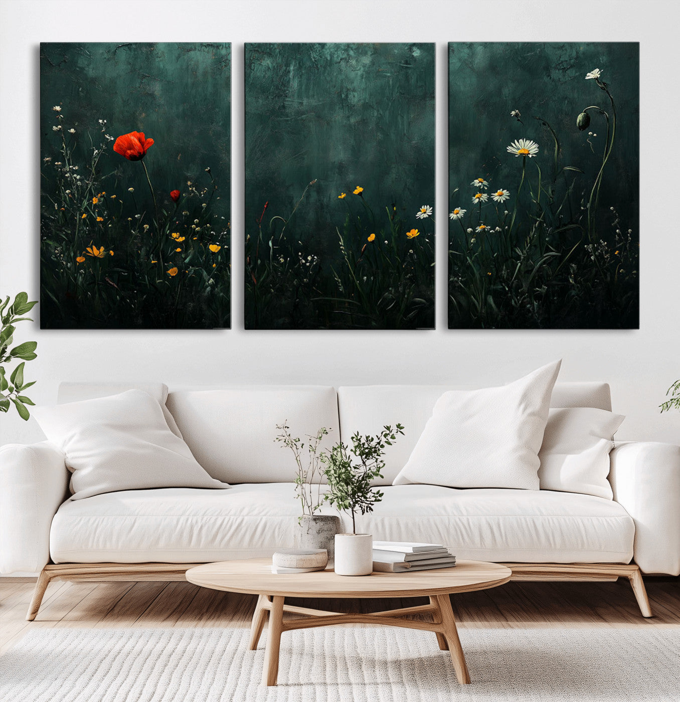 26218-MGV-CV-60X30-3P-Wildflower Wall Art – Dark Botanical Floral Canvas Print, Modern Nature Painting Poster with Daisy Poppy Yellow Flowers for Living