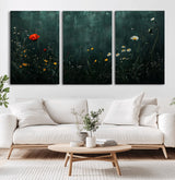 26218-MGV-CV-60X30-3P-Wildflower Wall Art – Dark Botanical Floral Canvas Print, Modern Nature Painting Poster with Daisy Poppy Yellow Flowers for Living