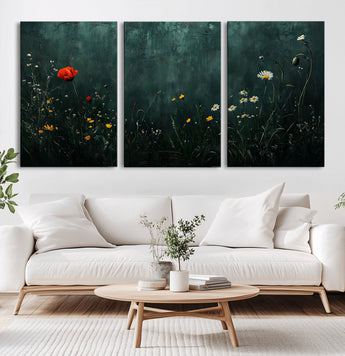 26218-MGV-CV-60X30-3P-Wildflower Wall Art – Dark Botanical Floral Canvas Print, Modern Nature Painting Poster with Daisy Poppy Yellow Flowers for Living