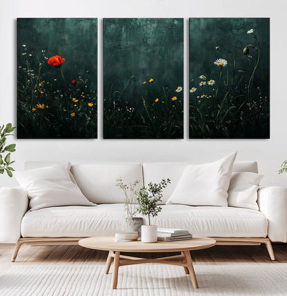 26218-MGV-CV-60X30-3P-Wildflower Wall Art – Dark Botanical Floral Canvas Print, Modern Nature Painting Poster with Daisy Poppy Yellow Flowers for Living