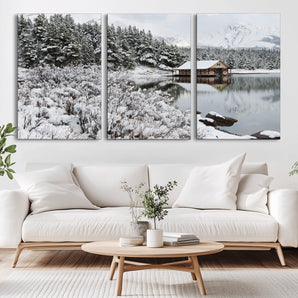 29975-MGV-CV-36X24-Winter Cabin by the Lake Wall Art – Snowy Mountain Landscape Canvas Print, Rustic Lodge Cabin Decor for Cozy Living Room, Bedroom