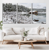 29975-MGV-CV-36X24-Winter Cabin by the Lake Wall Art – Snowy Mountain Landscape Canvas Print, Rustic Lodge Cabin Decor for Cozy Living Room, Bedroom