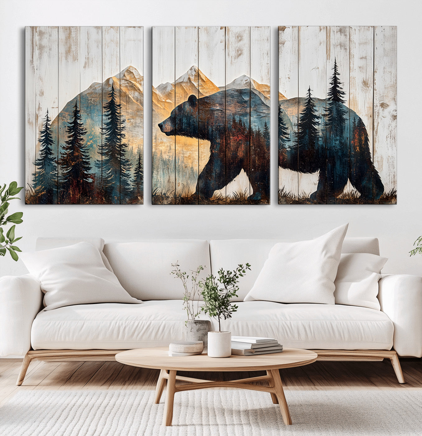 90077-MGV-CV-60X30-3P-Wood Grizzly Bear Wall Art Canvas Print, Framed Abstract Bear Art Picture Print, Bear in Forest Perfect Rustic Lodge Decor Artwork