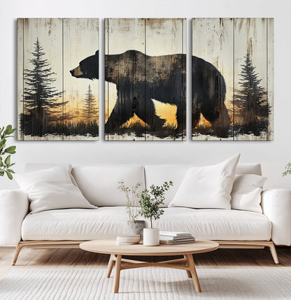 83875-MGV-CV-60X30-3P-Sunset Bear Wall Art – Rustic Wildlife Canvas Print with Forest Silhouette, Cabin Lodge Decor for Living Room or Office