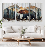55777-MGV-CV-60X30-3P-Rustic Bear Wall Art Canvas Print, Framed Mountain and Forest Art Picture Print, Wooden Bear Perfect Rustic Lodge Decor Artwork